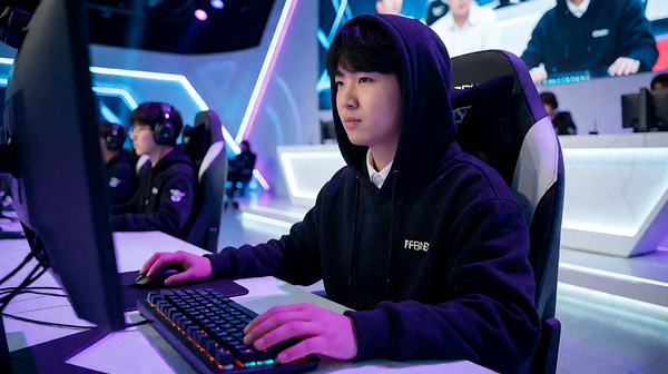 电竞赛事舞台灯光下选手在比赛席位上专注操作